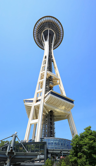 Seattle, Washington, USA - July 9, 2023:  Elevator on it's way up to the top of the Space Needle Observation Tower.