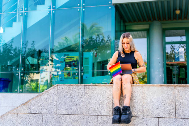 istock LGBT modern college student with pride flag between her legs. 1657139052