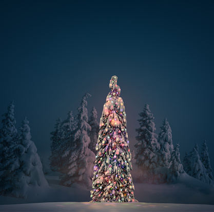 Defocused fir tree with golden bokeh. Blurred Christmas background.