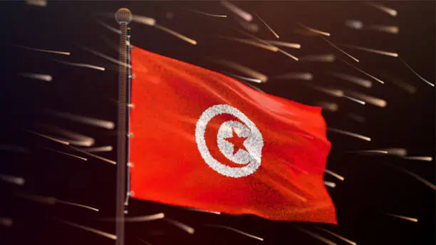 Vector illustration of Flag of Tunisia made of luminous dots, bottom view. Fluttering in the wind. Vector.
