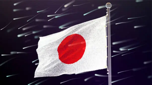 Vector illustration of Flag of Japan made of luminous dots, bottom view. Fluttering in the wind. Vector.