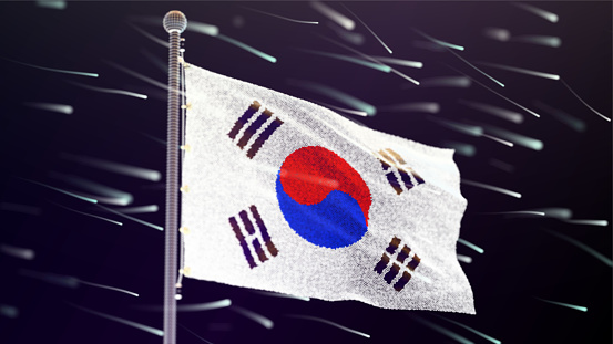 The flag of South Korea is made up of many dots fluttering in the wind, reminiscent of drone art. Dark background, bottom view, wide angle.