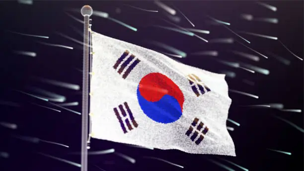 Vector illustration of Flag of South Korea made of luminous dots, bottom view. Fluttering in the wind. Vector.