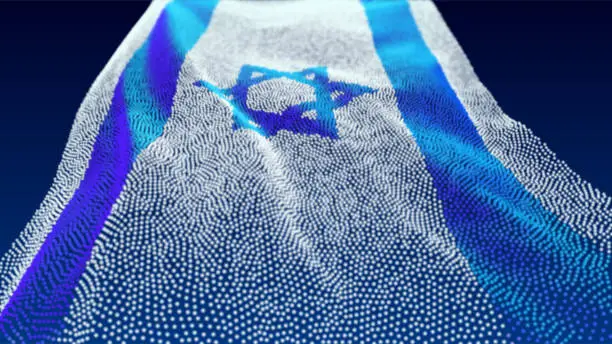 Vector illustration of Flag of Israel made of luminous dots, bottom view. Fluttering in the wind. Vector.