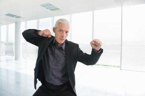 Portrait of mature Asian male business professional in martial arts fighting stance
