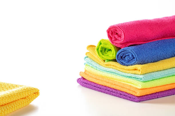istock Stack of kitchen microfiber towels in bright colors on a white background 1657178497