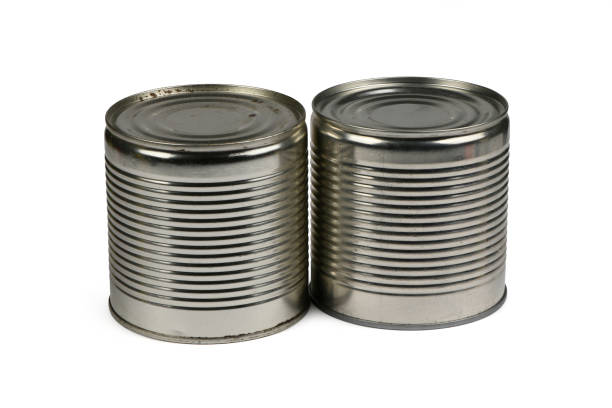 istock Close-up shot various open metal tin cans isolated on white background. 1657178500