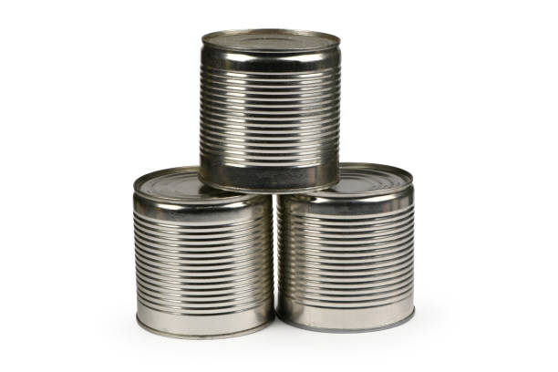 istock Close-up shot various open metal tin cans isolated on white background. 1657178535