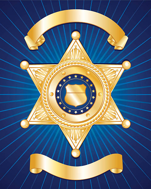 A blue background with a gold police badge Police badge with ribbons police badge illustrations stock illustrations