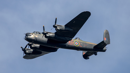 Milton Keynes,UK - Sept 3rd 2023: RAF 1945 Battle Of Britain Memorial Flight Avro Lancaster bomber PA474  flypast.