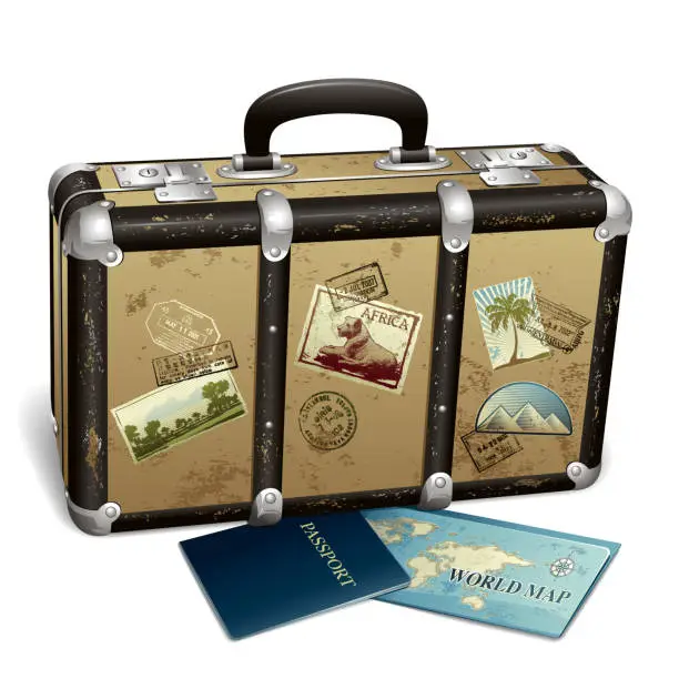 Vector illustration of Suitcase with stamps and postcards next to passport and map