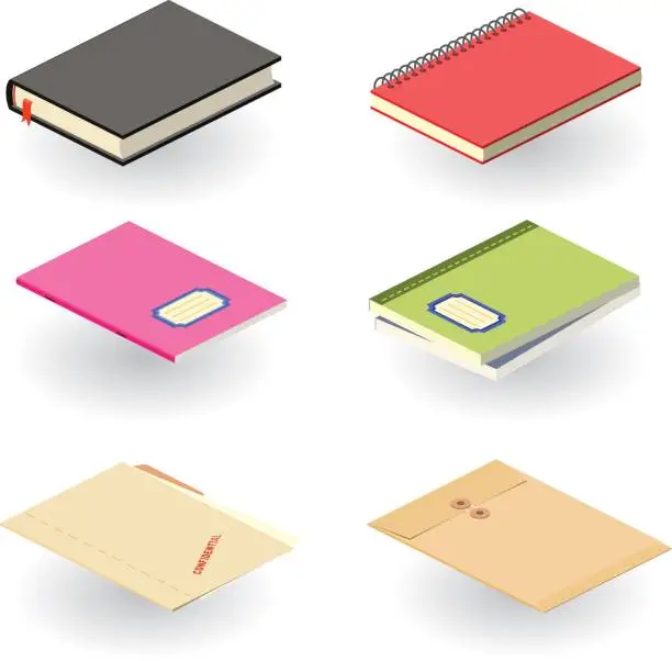 Vector illustration of Various books and other office supplies in different colors