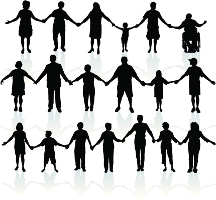 People holding hands. Tight graphic silhouettes of a line of people holding hands. Place them end to end for a long line. Step and repeat or mix and match. make the line as long as you want. Check out my 