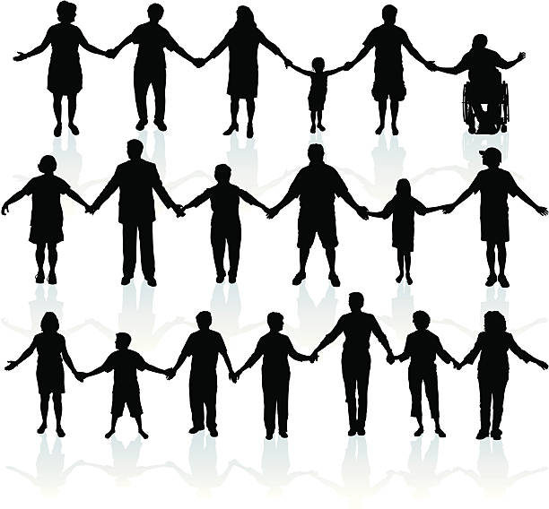 People Holding Hands - United We Stand People holding hands. Tight graphic silhouettes of a line of people holding hands. Place them end to end for a long line. Step and repeat or mix and match. make the line as long as you want. Check out my "People Black and White Ills." light box for more. line of people holding hands stock illustrations