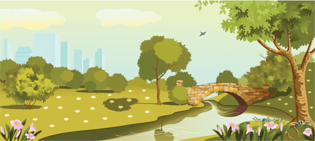 The vector illustration of summer park. Sun is shining.On the foreground there are  pink flowers.The nature is in a good summer mood.