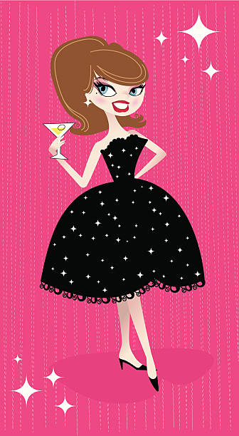 Woman in Black Cocktail Dress Holding Martini 1950's-60's woman in black cocktail dress holding Martini 60s style dresses stock illustrations