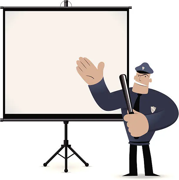 Vector illustration of Police Officer giving a presentation with projection screen