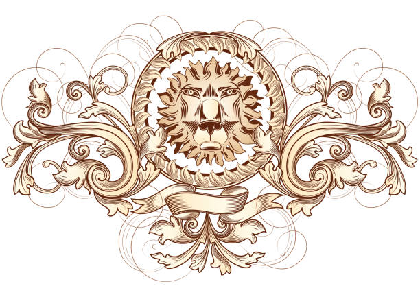 illustrazioni stock, clip art, cartoni animati e icone di tendenza di testa di leone stemma - lion coat of arms shield backgrounds