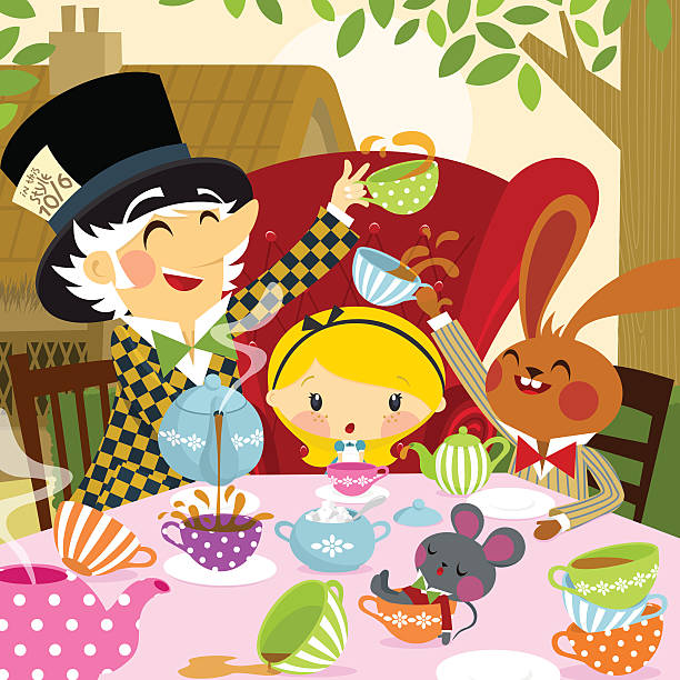 illustrazioni stock, clip art, cartoni animati e icone di tendenza di alice in wonderland. parte 4 - alice in wonderland tea party tea bizarre