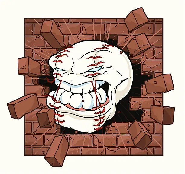 Vector illustration of Baseball Crashing Through Brick Wall