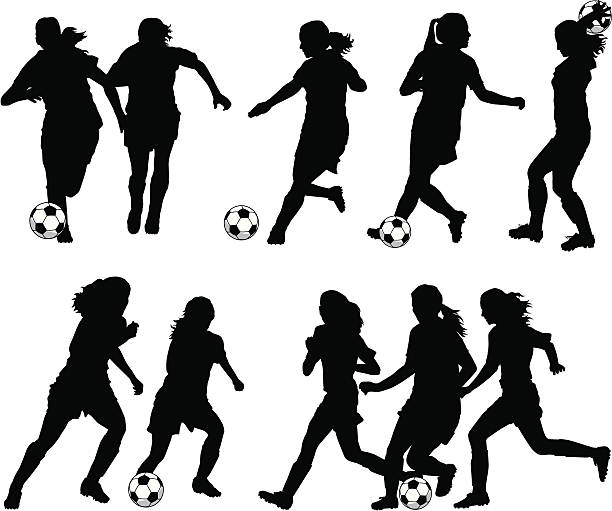 Women Soccer Player Silhouettes Vector illustration of women soccer player silhouettes. black and white sports silhouette stock illustrations