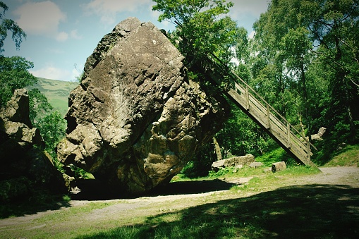 A huge boulder in a forest balances on its edge with a wooden ladder leaning against it