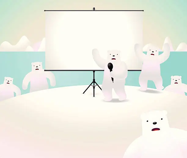 Vector illustration of Global Warming: Polar bears showing something on projection screen