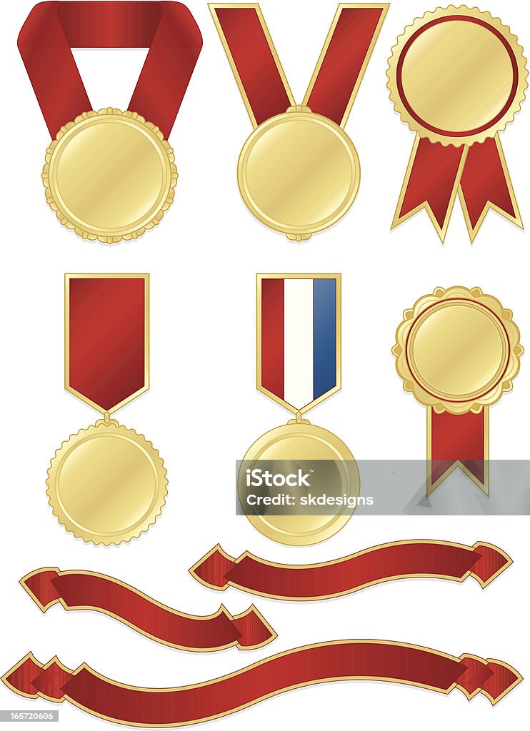Premio medaglie, nastri adesivi Set di rosso lucido e oro metallizzato - arte vettoriale royalty-free di Carta stagnola