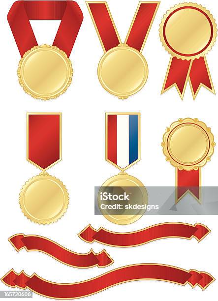 アワードのメダルリボンステッカーセット光沢のあるレッドゴールドのメタリック - アルミホイルのベクターアート素材や画像を多数ご用意 - アルミホイル, バラ飾り, 競争