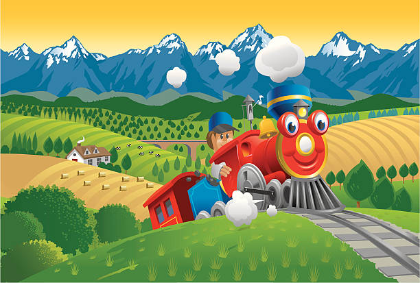 ilustrações, clipart, desenhos animados e ícones de vermelho trem de brinquedo - cartoon train landscape miniature train