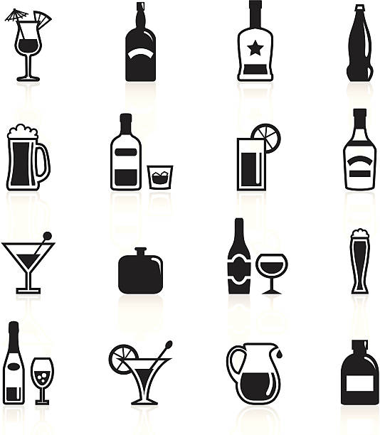 ilustrações, clipart, desenhos animados e ícones de preto símbolos de bebidas alcoólicas - white background wine bottle isolated on white champagne