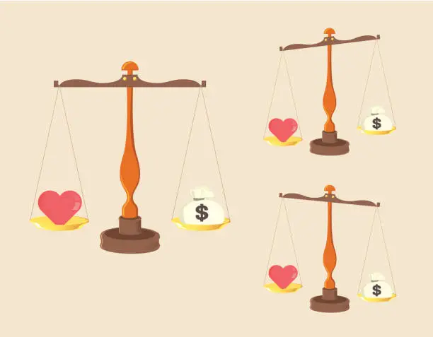 Vector illustration of Scale of Justice: Can Money Buy You Love?