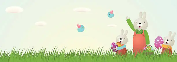 Vector illustration of Easter bunny, eggs, bluebird on the grass with sky background