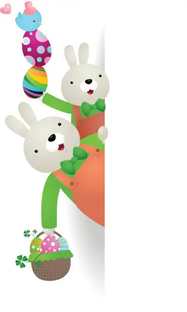 Vector illustration of Easter bunny family with blank sign, eggs and bluebird