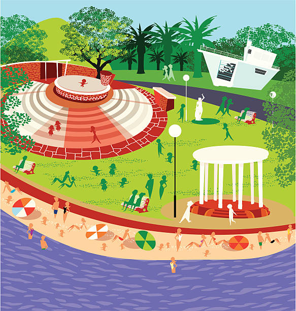 enjoying the sun scene in a park with amphitheater, gazebo, beach and building, people enjoying the outdoors, all the elements grouped separately. paved yard stock illustrations