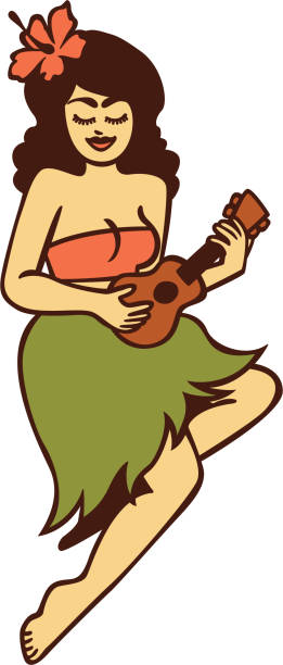 retro hula girl cartoon retro style hula girl kids ukulele stock illustrations