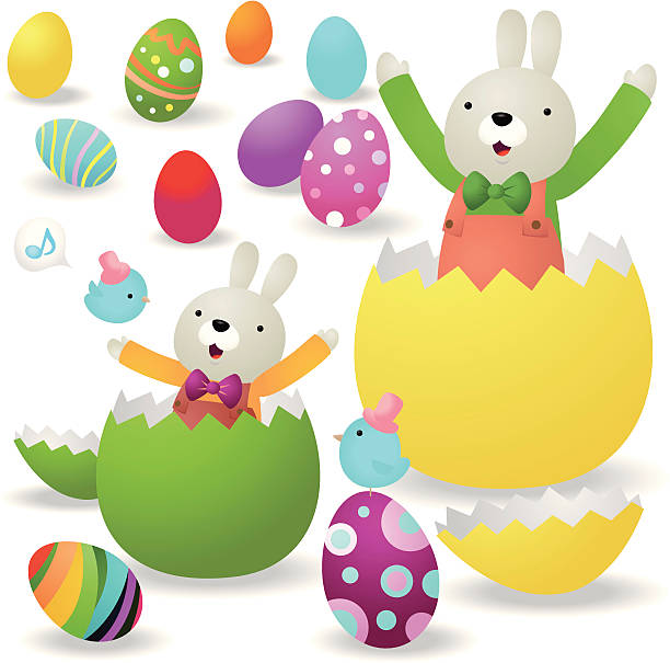 cute bunny rodziny i kolorowe jajka wielkanocne - easter egg easter egg hunt multi colored bright stock illustrations