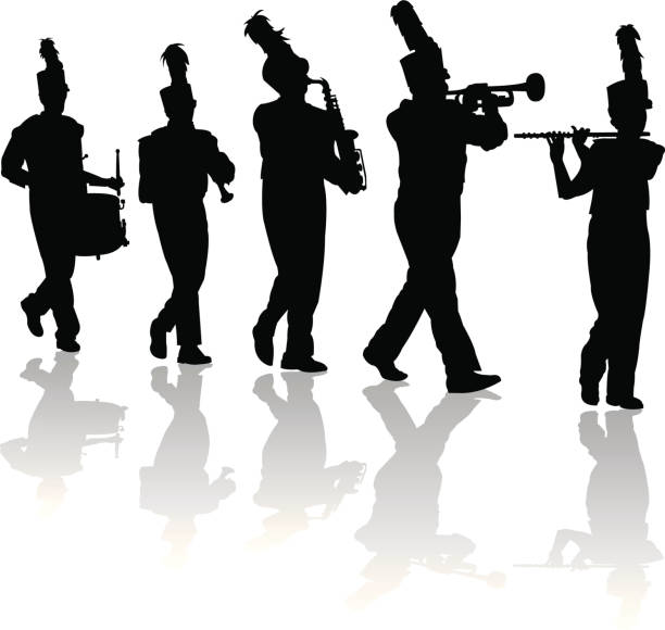 Marching Band - Flute, Trumpet, Saxophone, Drum Marching Band. Tight graphic silhouette illustrations of a flutist, trumpet, saxophone, clarinet players and a drummer of a Marching Band. Use with or without the plume. Check out my "Marching Band Vector" light box for more. pics of a marching band stock illustrations
