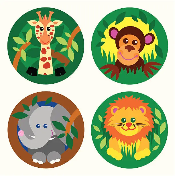 Vector illustration of set of four jungle theme animals