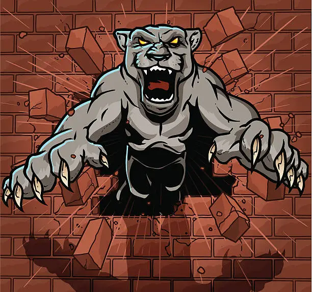 Vector illustration of Panther Breaking Through Brick Wall
