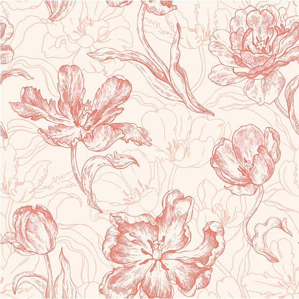 ilustraciones, imágenes clip art, dibujos animados e iconos de stock de patrón sin costuras con tulipanes - patrones florales