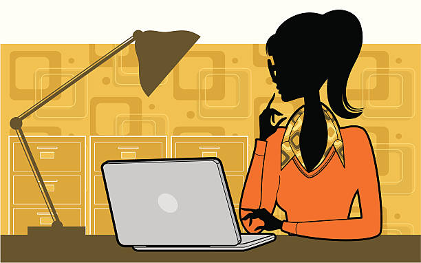 Geek Chic A studious girl at her computer in an office. See below for more interiors and work and business images. working at home study desk silhouette stock illustrations