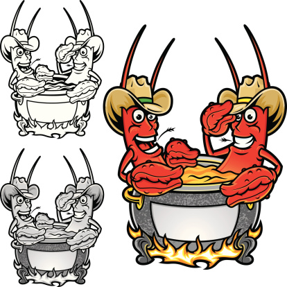 This is an illustration of a Crawfish Boil in cowboy hats. The illustration contains some blends but they are not complicated. The grayscale version also contains blends. Also included is a straight black and white. All secondary color levels are removable down to a simple flat color image. The file is provided as an Illustrator 8 EPS and a 300dpi high-rez jpg.