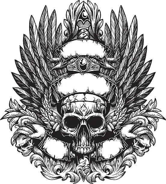 Vector illustration of Winged Skull Banner and Flourish with Sword