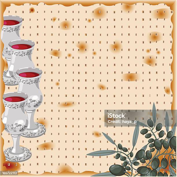 Pesach Illustration With Matzah Background Four Glasses Of Wine Olive Stock Illustration - Download Image Now