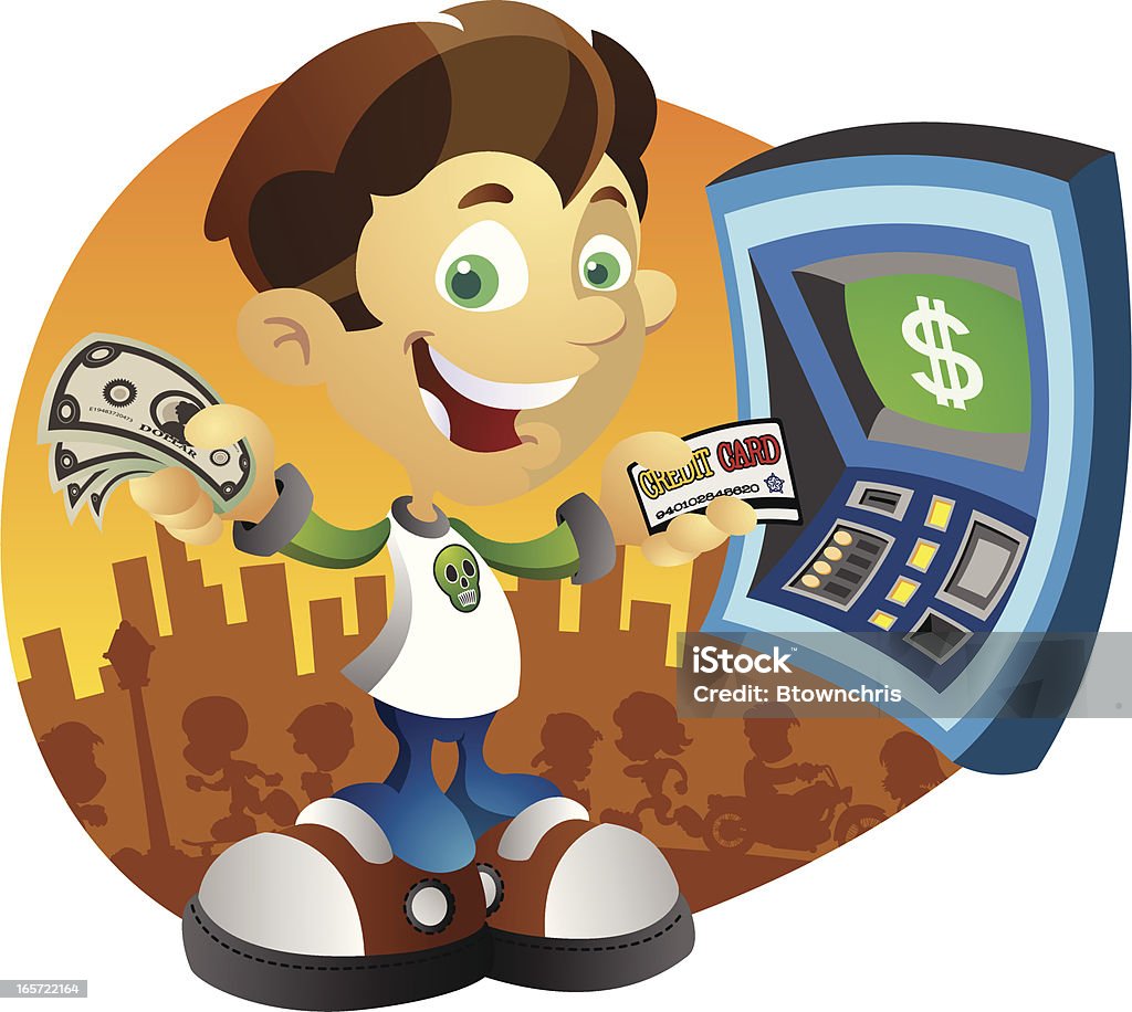Boy at a Cash Machine A young boy gets some cash from a cash machine. Boys stock vector