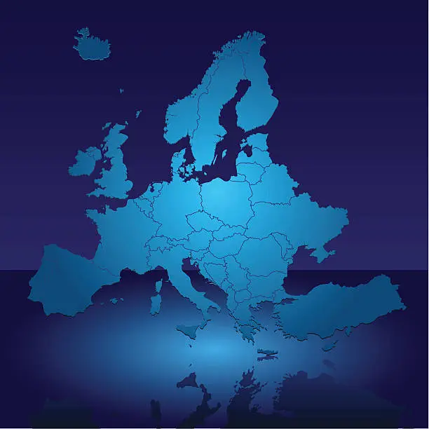 Vector illustration of Europe Shiny Blue Map
