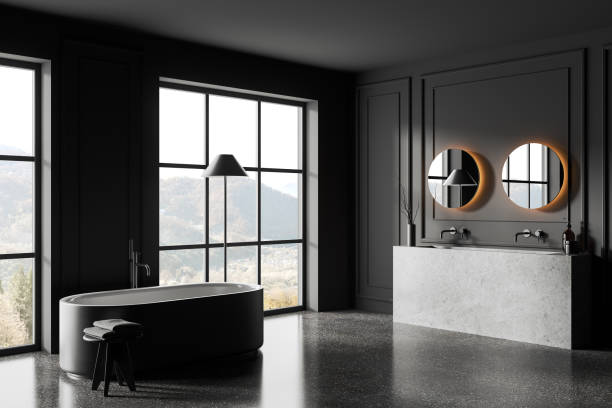 istock Grey bathroom interior with bathtub, double sink and panoramic window 1657221988