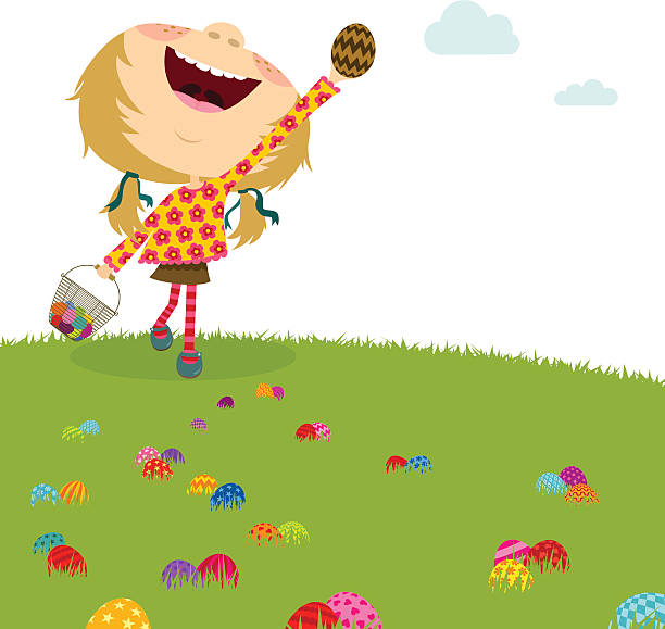 szczęśliwa dziewczyna. pisanka hunt. dzieci party - easter egg easter egg hunt multi colored bright stock illustrations