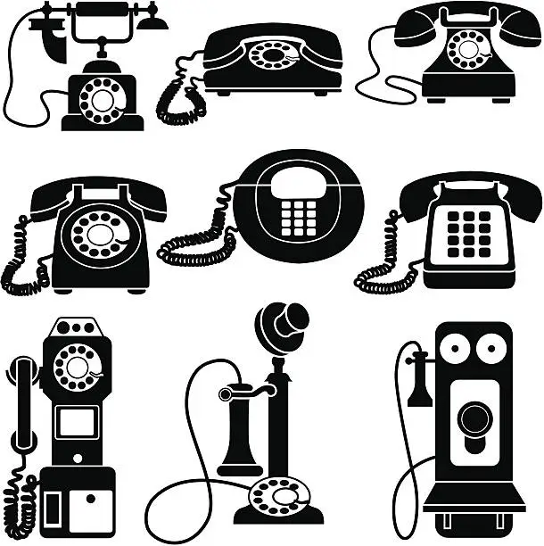 Vector illustration of vintage telephones black and white